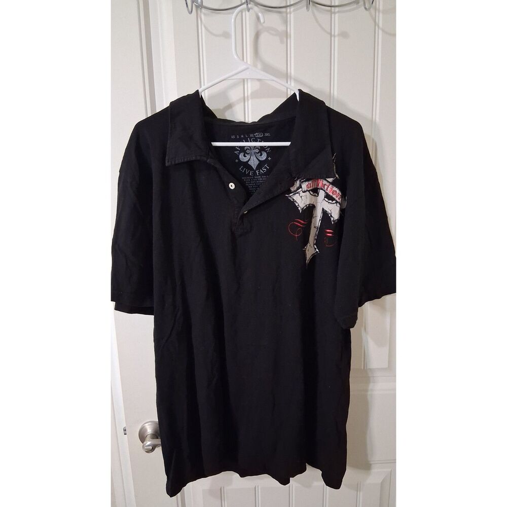 Affliction Live Fast Men’s XXL Black Polo Shirt Skull Wings Cross Graphic